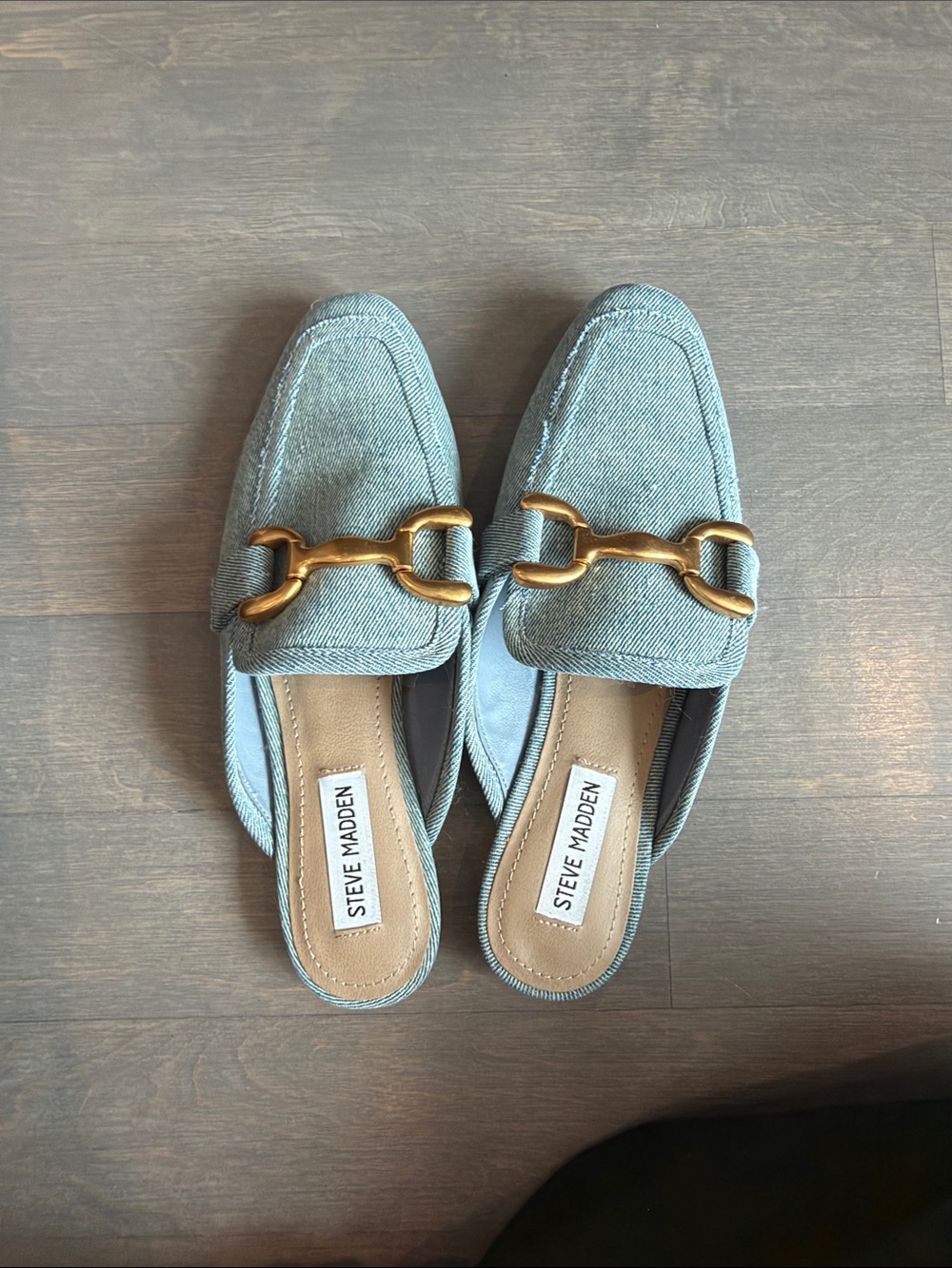 Steve Madden Light Blue Denim Slip-On Mules with Gold Hardware